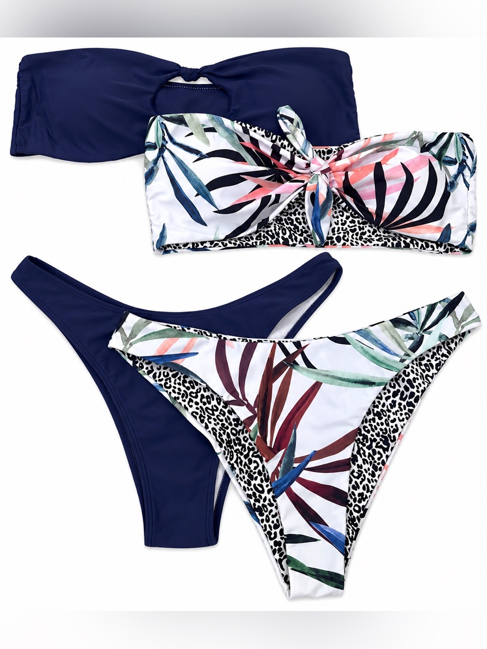 2 Bikini Bundle Reversible Navy Tropical Leopard Bandeau Swimsuit Sets size 8-10